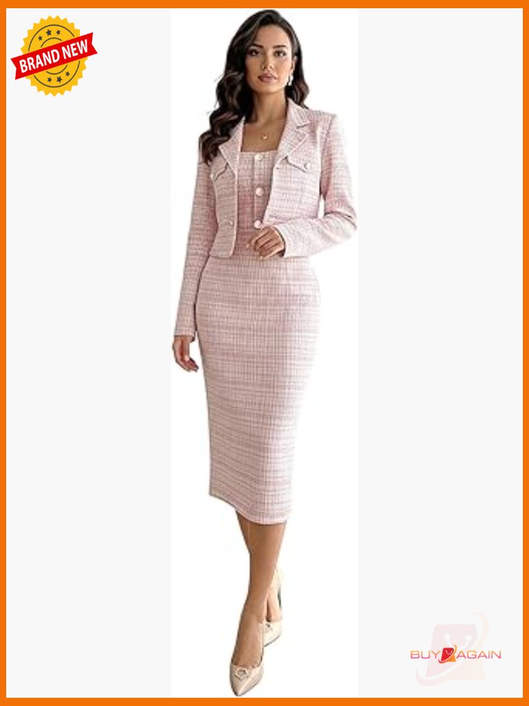 2 Piece Plaid Tweed Sets Bodycon Midi Dress With Long Sleeve Cropped Blazer